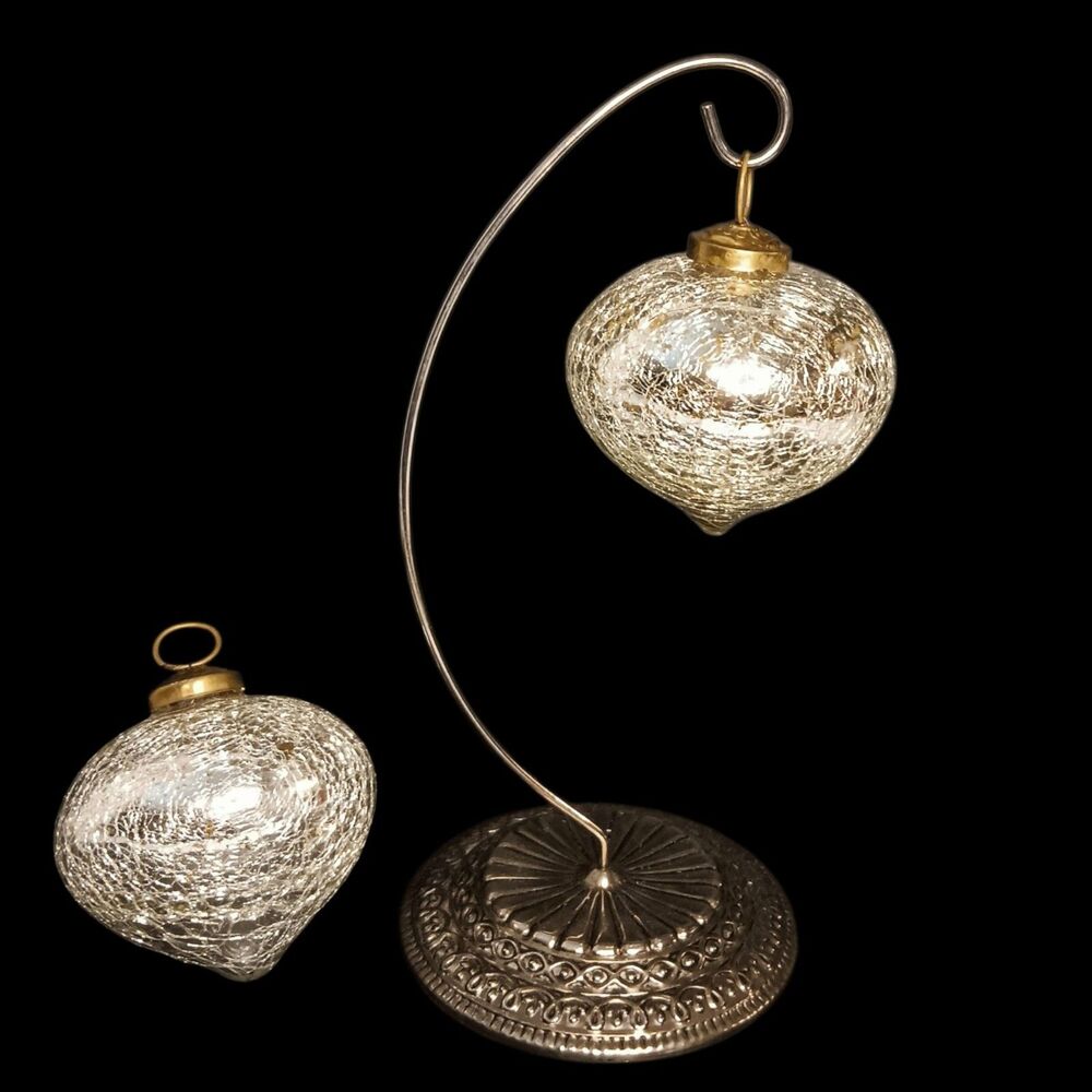 Two Mercury Crackle Glass Silver Large Teardrop Christmas Ornaments Kugel Style